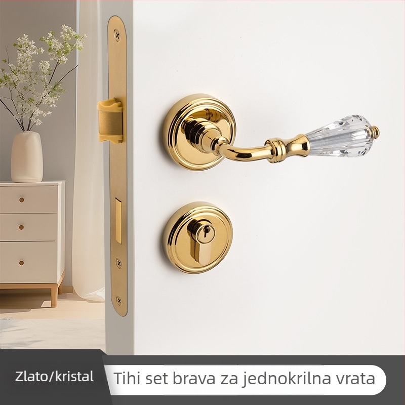 Unutarnja kvaka od čistog bakra sa srebrnim završetkom i tihim radom, kvaka za vrata s francuskim kristalom za spavaću sobu