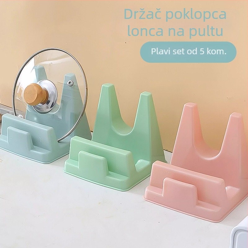 Kuhinjski stalak za ploču sa držačem za poklopce, organizatorom za spatule, odvodi i držač za dasku za rezanje