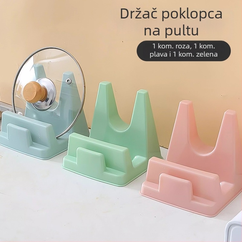 Kuhinjski stalak za ploču sa držačem za poklopce, organizatorom za spatule, odvodi i držač za dasku za rezanje