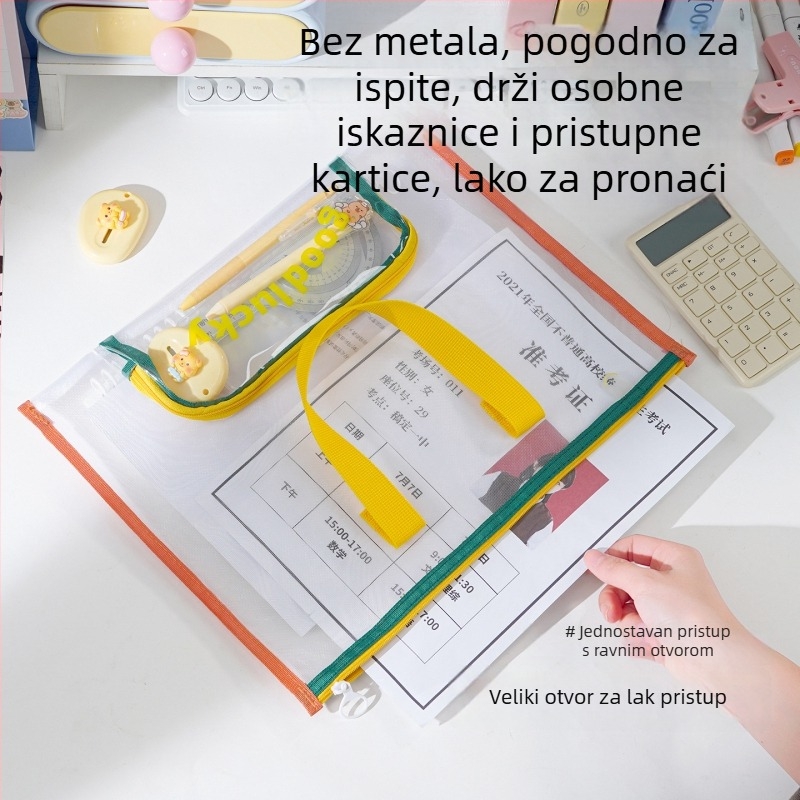 Prozirna mrežasta torba za studente s više džepova, plosnog vodoravnog dizajna, torba za dokumente sa zatvaračem i torba za umjetnost