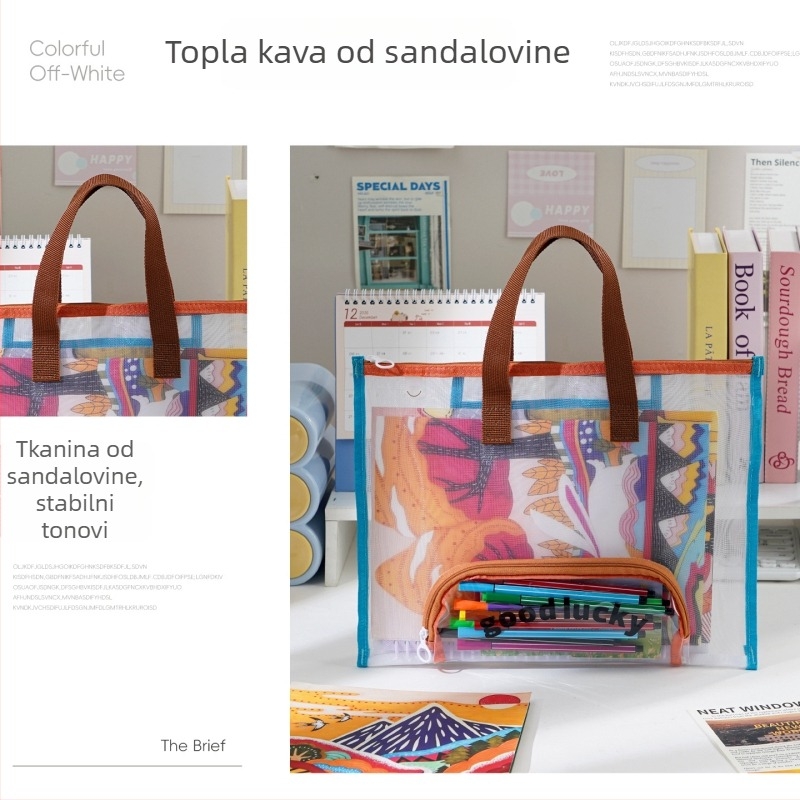 Prozirna mrežasta torba za studente s više džepova, plosnog vodoravnog dizajna, torba za dokumente sa zatvaračem i torba za umjetnost