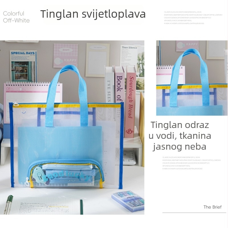 Prozirna mrežasta torba za studente s više džepova, plosnog vodoravnog dizajna, torba za dokumente sa zatvaračem i torba za umjetnost
