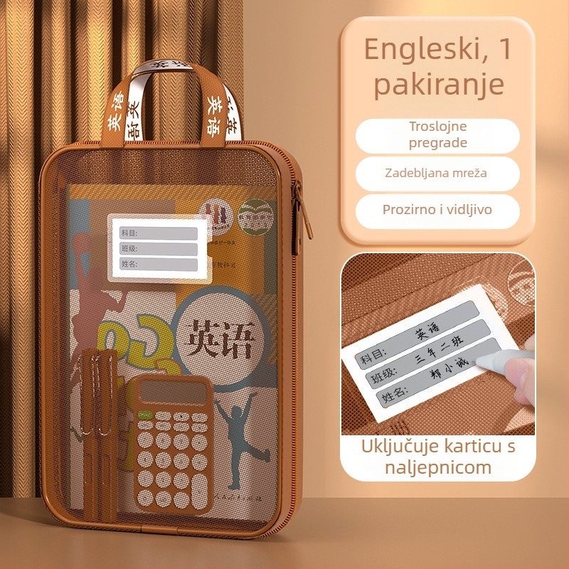 Vintage L-oblik torba za predmete, s zip zatvaračem, mrežastim panelom i velikim otvorom, za dokumente i studentske knjige