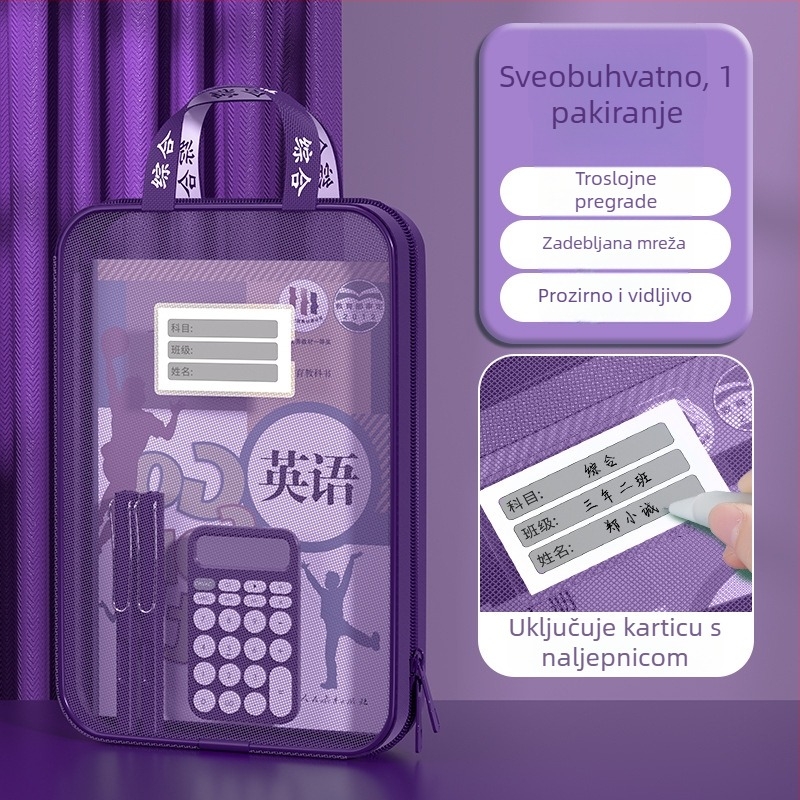 Vintage L-oblik torba za predmete, s zip zatvaračem, mrežastim panelom i velikim otvorom, za dokumente i studentske knjige