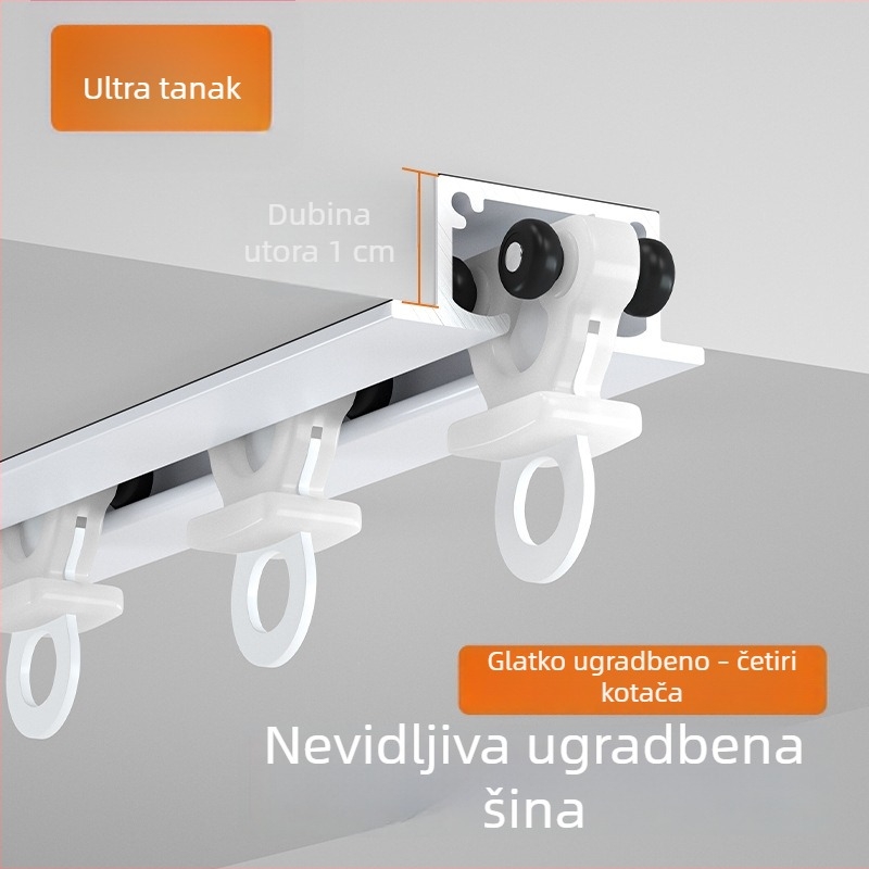 Ugradbena nevidljiva tračnica za zavjese s gornjim montažom, aluminijska legura, tih rad, za jednostruke i dvostruke zavjese