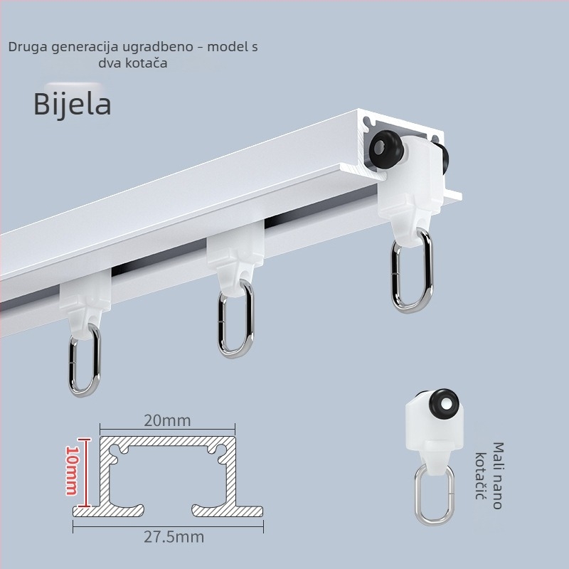 Ugradbena nevidljiva tračnica za zavjese s gornjim montažom, aluminijska legura, tih rad, za jednostruke i dvostruke zavjese