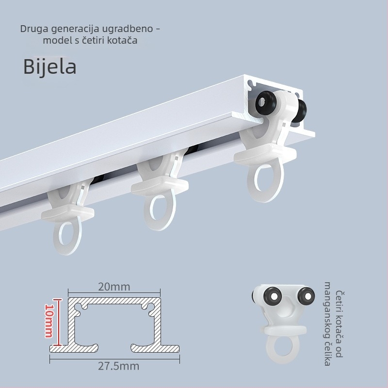 Ugradbena nevidljiva tračnica za zavjese s gornjim montažom, aluminijska legura, tih rad, za jednostruke i dvostruke zavjese