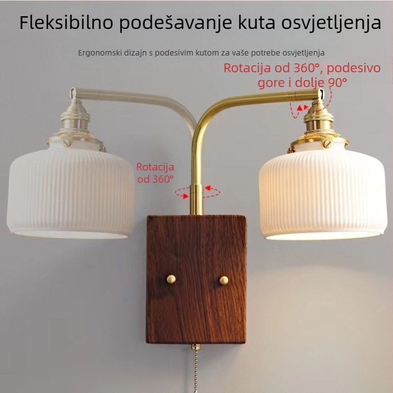Retro zidna svjetiljka od orahovog drveta, keramičkim tijelom i akrilnim abažurom, podesiva uz pomoć povlačnog kabela za spavaću sobu