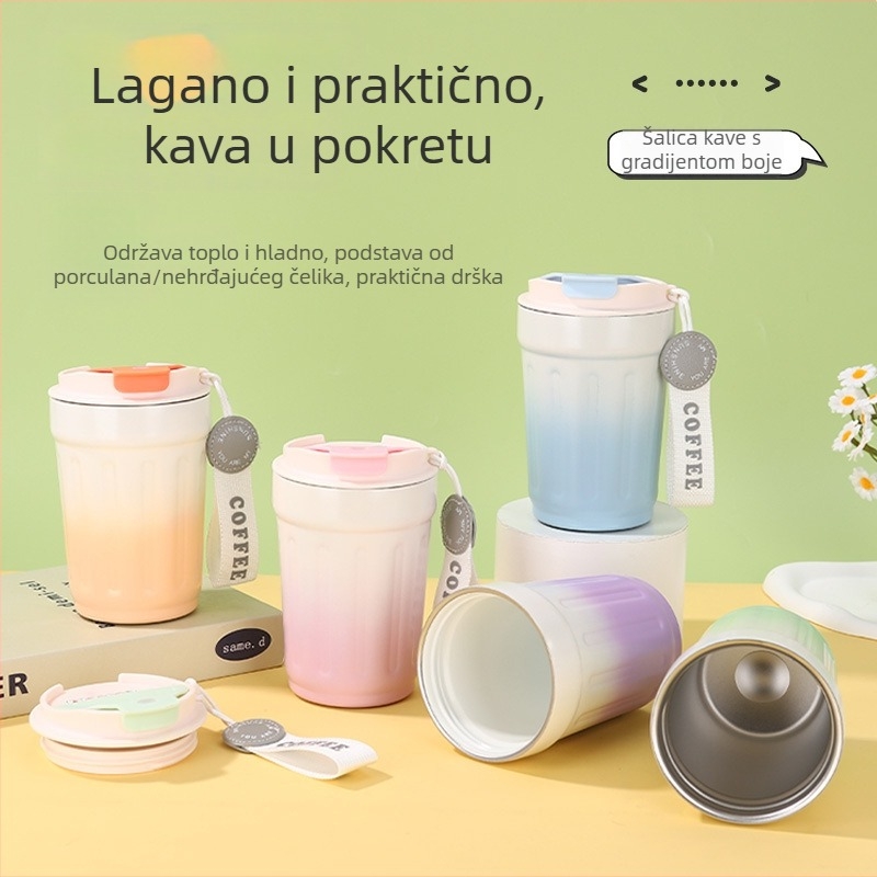 Šalica za kavu s keramičkim unutarnjim dijelom u gradijentnom tonu, osmerokutni izolirani termos s unutarnjom 316 Nerđajućeg čelika, s kaišem – poklon.