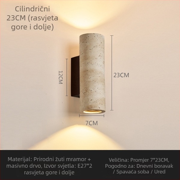 Zidna svjetiljka od prirodnog žutog špiljskog kamena u stilu wabi-sabi; za restoran i kuću za goste; pozadina uzglavlja kreveta u spavaćoj sobi i hodniku, ambijentalno svjetlo gore-dolje.