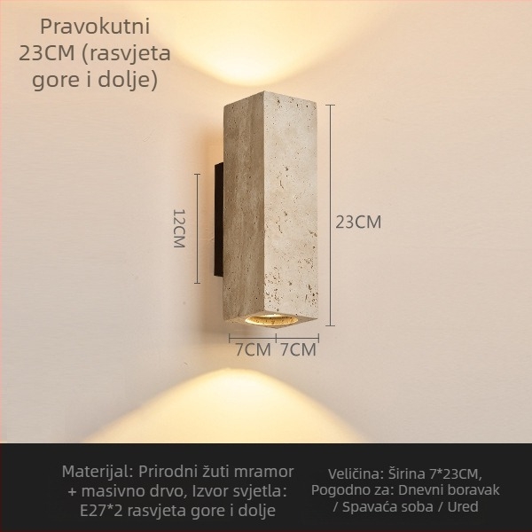 Zidna svjetiljka od prirodnog žutog špiljskog kamena u stilu wabi-sabi; za restoran i kuću za goste; pozadina uzglavlja kreveta u spavaćoj sobi i hodniku, ambijentalno svjetlo gore-dolje.
