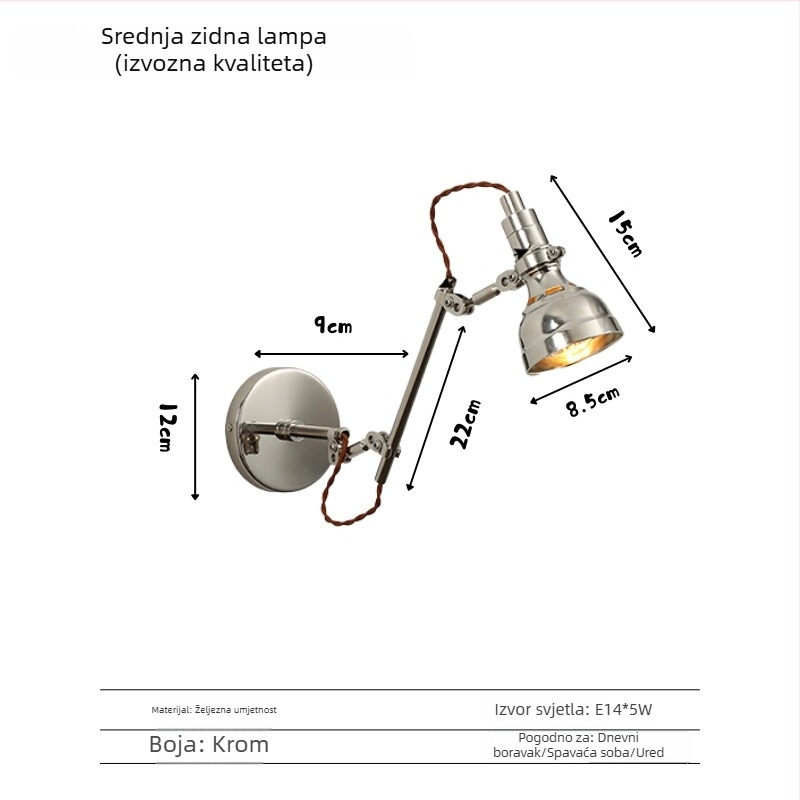 Zidna Bauhaus lampa retro-industrijskog stila s rasklopnim rukom, izvučna, nordijska noćna lampa za čitanje
