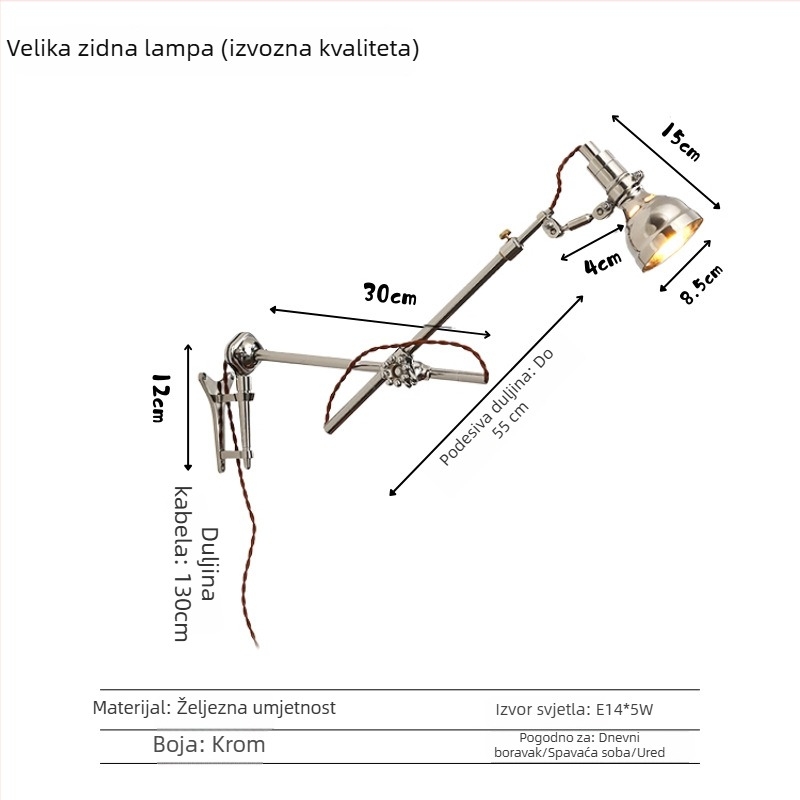 Zidna Bauhaus lampa retro-industrijskog stila s rasklopnim rukom, izvučna, nordijska noćna lampa za čitanje