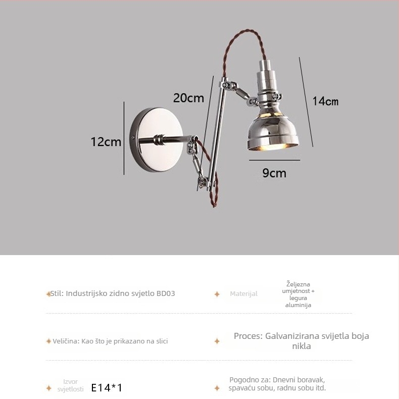 Nastavna lampa Bauhaus, industrijskog stila, aluminijski teleskopski dugi rameni zidni svjetiljka, skandinavski sklopivi retro noćni svjetiljka