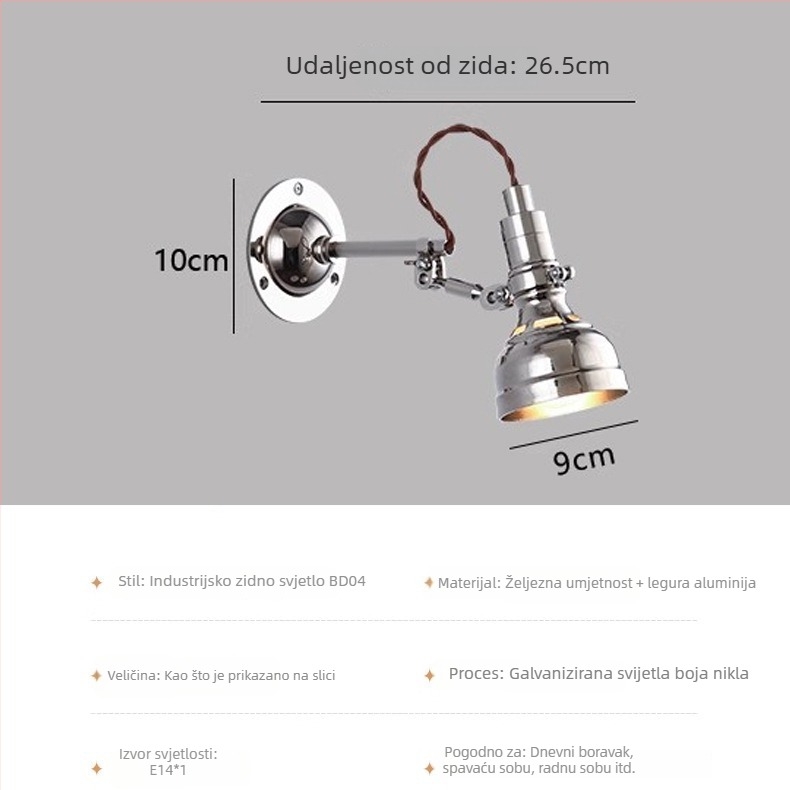 Nastavna lampa Bauhaus, industrijskog stila, aluminijski teleskopski dugi rameni zidni svjetiljka, skandinavski sklopivi retro noćni svjetiljka