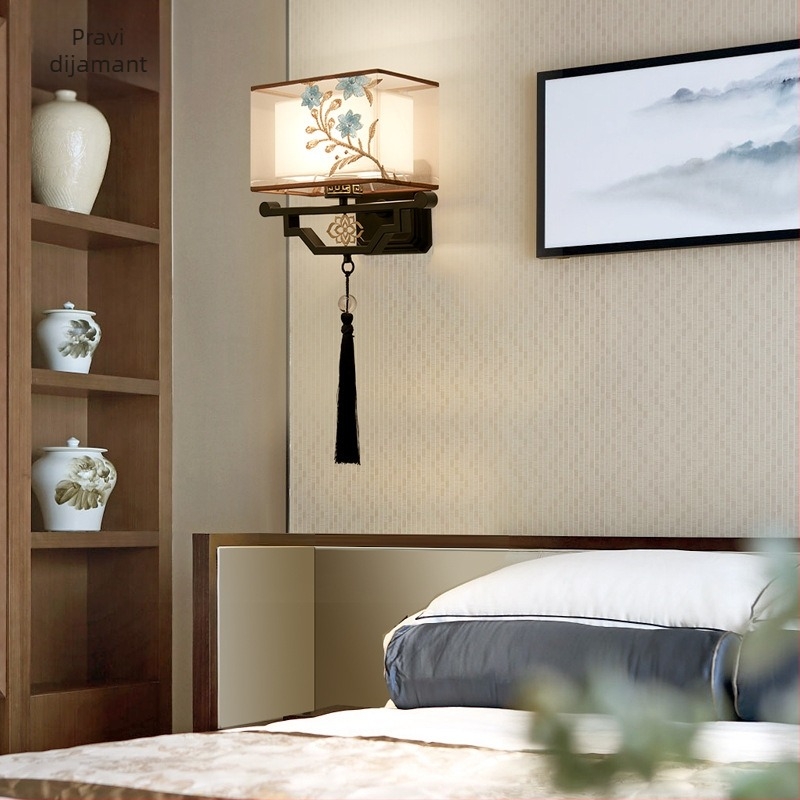 Zidna lampa u novom kineskom stilu – moderno minimalističko osvjetljenje za dnevnu sobu, spavaću sobu, ured i hodnik, metalno tijelo, tekstilni abažur