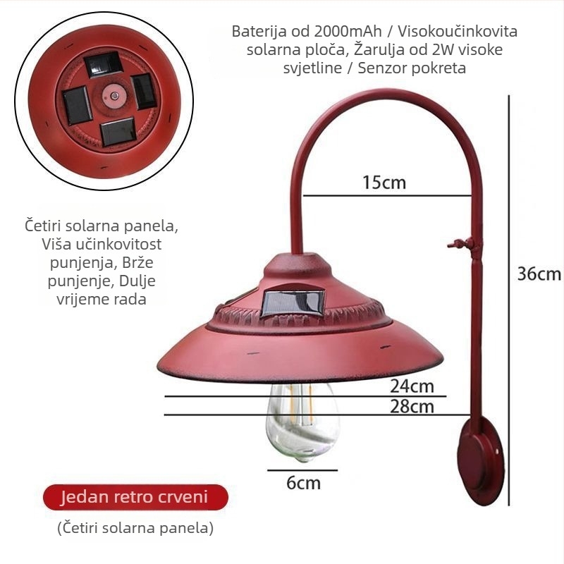 Vrtna zidna viseća svjetiljka od željeza, retro stil, vanjsko solarno osvjetljenje za vrt i balkon