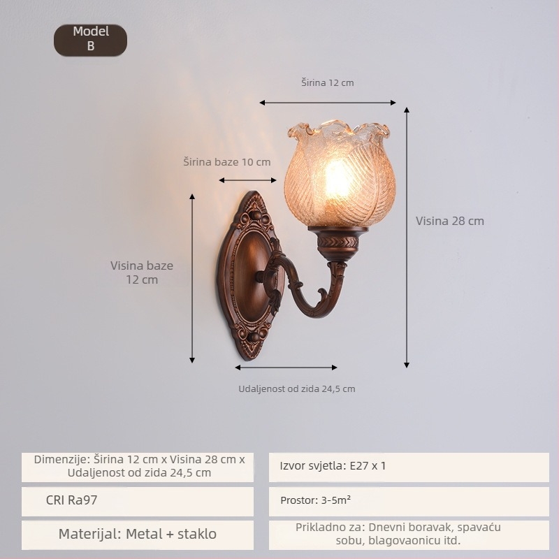Nordijska retro stenska lampa s drvenim tijelom i šarenim staklom, minimalistički wabi-sabi dizajn za spavaću sobu i hodnik