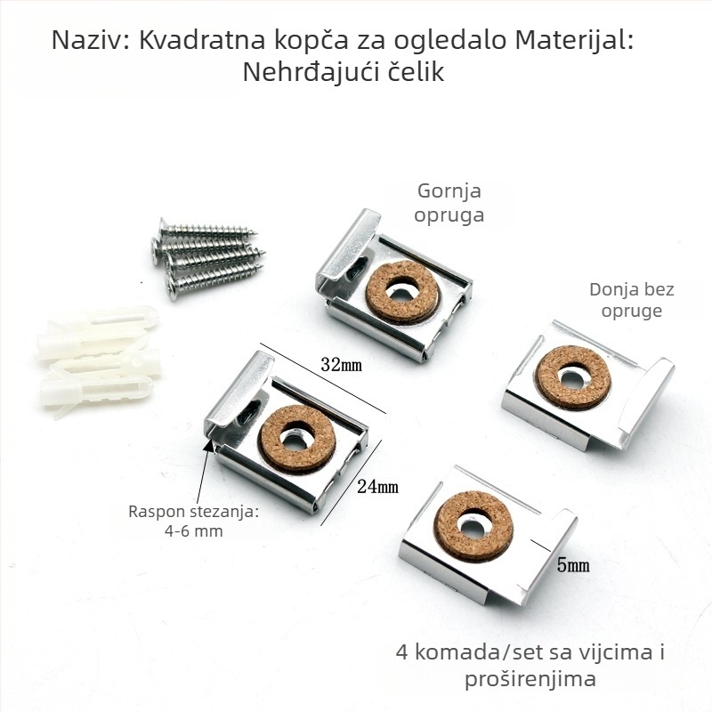 Klip za ogledalo za kupaonicu, držač staklenog ogledala, kvadratni nosač, metalni hardver
