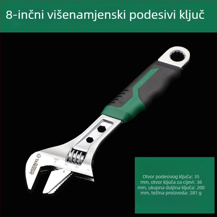 Prilagodljivi ključ s niklinskim premazom, velik otvor za cijevi i kupaonu, debeli plastični držač, potpuno poliran, izdržljiv