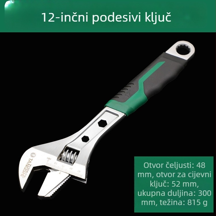 Prilagodljivi ključ s niklinskim premazom, velik otvor za cijevi i kupaonu, debeli plastični držač, potpuno poliran, izdržljiv