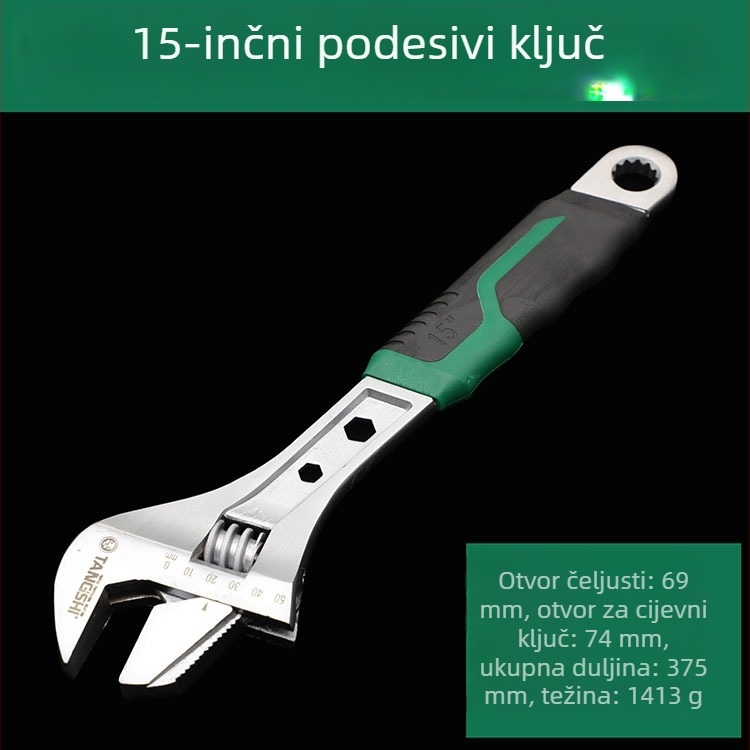 Prilagodljivi ključ s niklinskim premazom, velik otvor za cijevi i kupaonu, debeli plastični držač, potpuno poliran, izdržljiv
