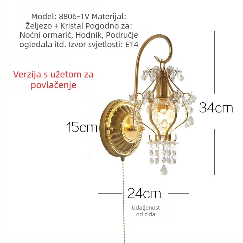 Kristalno zidno svjetlo u francuskom stilu za dnevni boravak, akcentnu zidnu površinu, balkon i spavaću sobu LED
