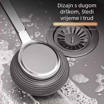 Četka za lonce od nehrđajućeg čelika s dugačkim držalom – metalna kuglična četka za pranje suđa