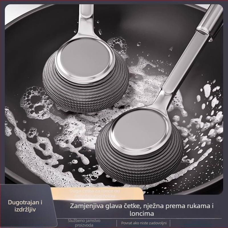 Četka za lonce od nehrđajućeg čelika s dugačkim držalom – metalna kuglična četka za pranje suđa