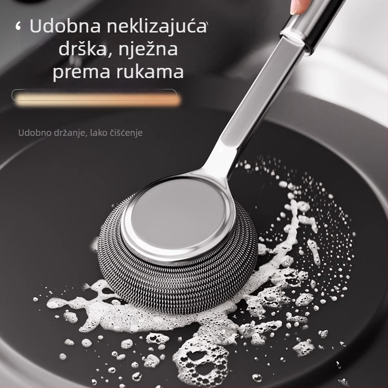 Četka za lonce od nehrđajućeg čelika s dugačkim držalom – metalna kuglična četka za pranje suđa