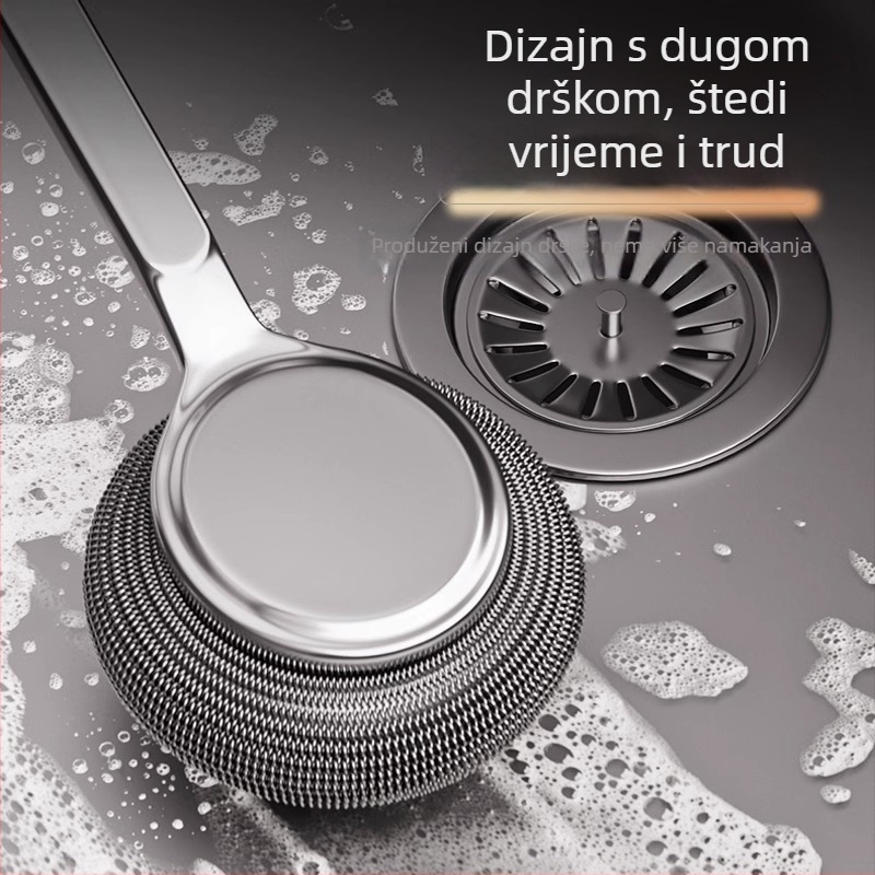 Četka za lonce od nehrđajućeg čelika s dugačkim držalom – metalna kuglična četka za pranje suđa