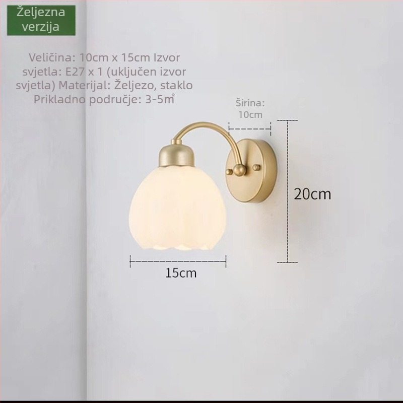 Minimalistička stenska lampa od cijelog bakra za spavaću sobu sa vučnim prekidačem, staklenim abažurom, Nordic Cream stilom, 10×15 cm, 220V, E27