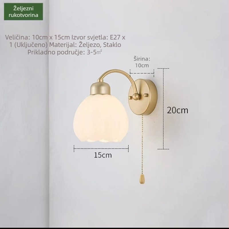 Minimalistička stenska lampa od cijelog bakra za spavaću sobu sa vučnim prekidačem, staklenim abažurom, Nordic Cream stilom, 10×15 cm, 220V, E27