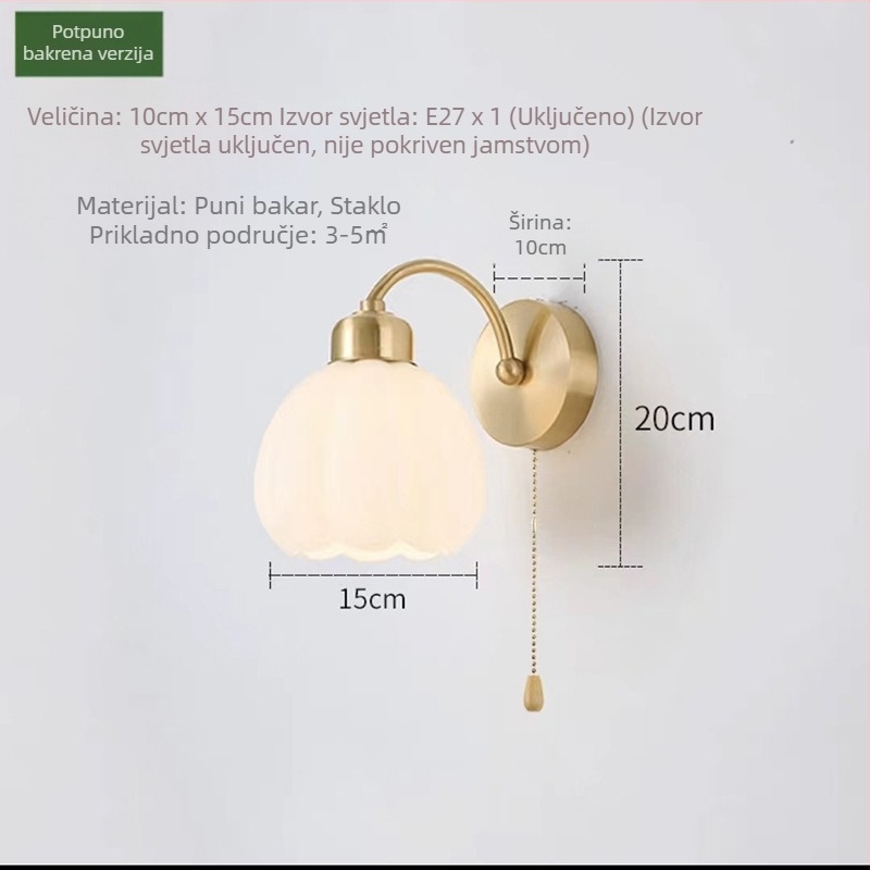 Minimalistička stenska lampa od cijelog bakra za spavaću sobu sa vučnim prekidačem, staklenim abažurom, Nordic Cream stilom, 10×15 cm, 220V, E27