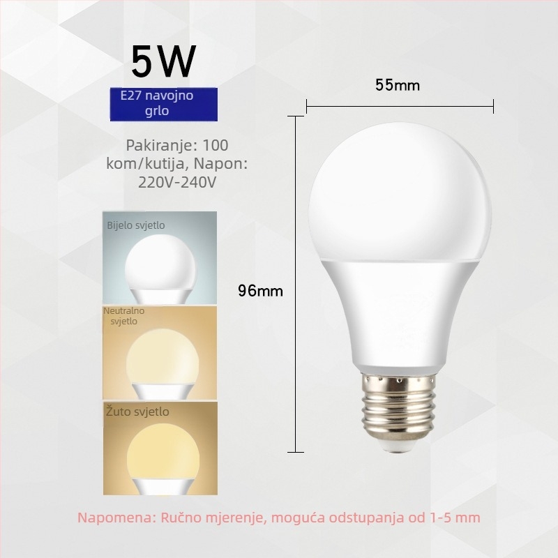 LED žarulja E27 s tri boje svjetla i regulacijom jačine, aluminijsko kućište s plastičnim premazom, 1800 lm, 220V, CRI 80, PF 0.7
