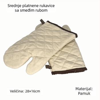 Pamukaste rukavice za pečenje s izolacijom od topline, s mrežom srebrne i zelene, gruba tkanina, crni i smeđi rubovi, dužine 22–36 cm.