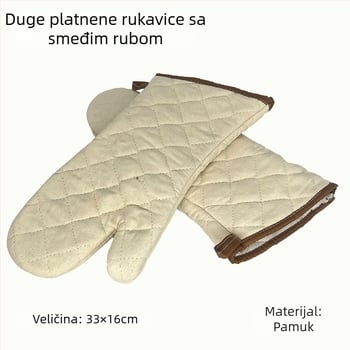 Pamukaste rukavice za pečenje s izolacijom od topline, s mrežom srebrne i zelene, gruba tkanina, crni i smeđi rubovi, dužine 22–36 cm.