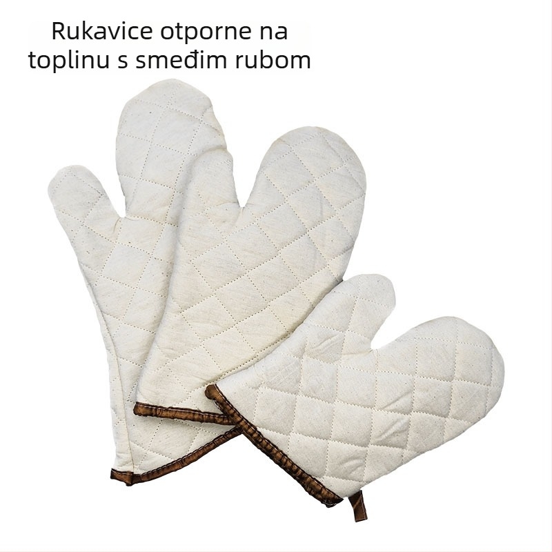 Pamukaste rukavice za pečenje s izolacijom od topline, s mrežom srebrne i zelene, gruba tkanina, crni i smeđi rubovi, dužine 22–36 cm.