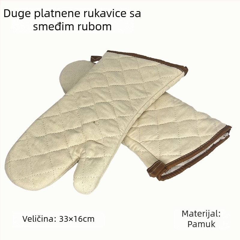 Pamukaste rukavice za pečenje s izolacijom od topline, s mrežom srebrne i zelene, gruba tkanina, crni i smeđi rubovi, dužine 22–36 cm.