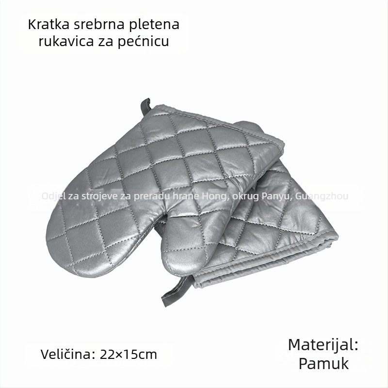 Pamukaste rukavice za pečenje s izolacijom od topline, s mrežom srebrne i zelene, gruba tkanina, crni i smeđi rubovi, dužine 22–36 cm.