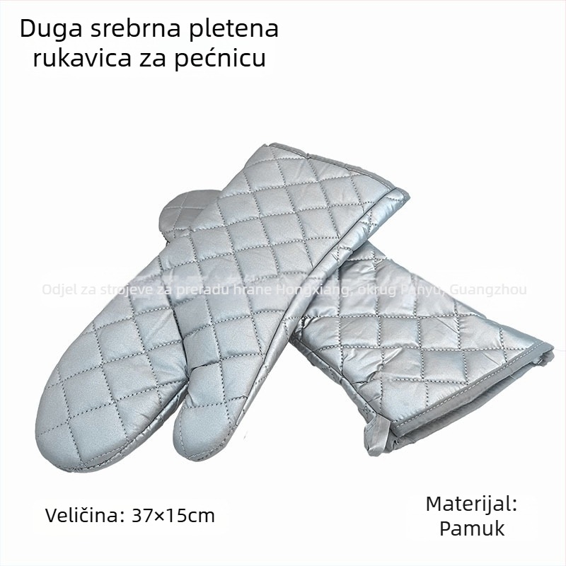 Pamukaste rukavice za pečenje s izolacijom od topline, s mrežom srebrne i zelene, gruba tkanina, crni i smeđi rubovi, dužine 22–36 cm.