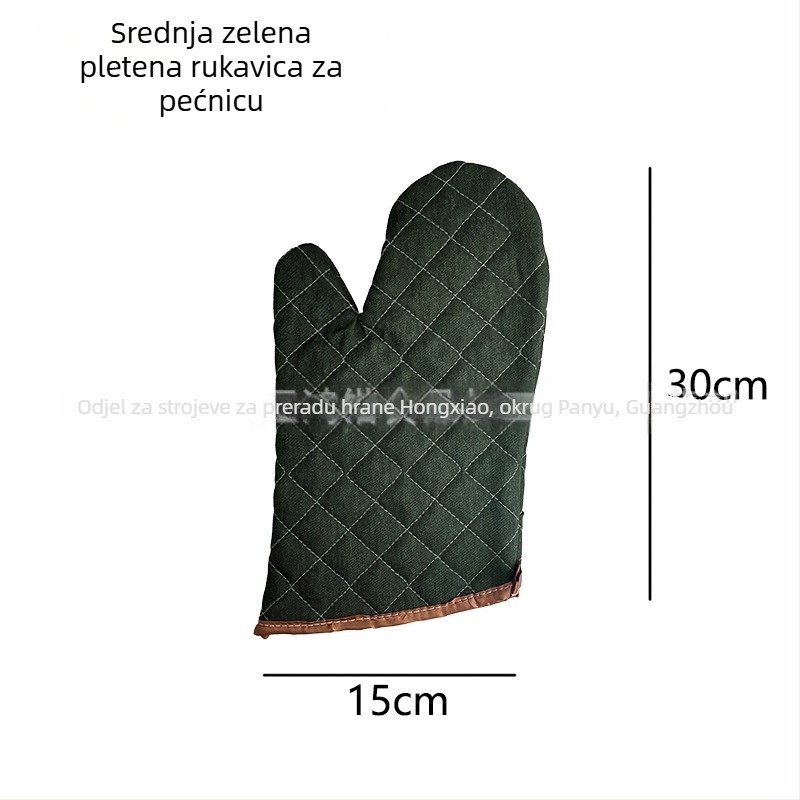 Pamukaste rukavice za pečenje s izolacijom od topline, s mrežom srebrne i zelene, gruba tkanina, crni i smeđi rubovi, dužine 22–36 cm.