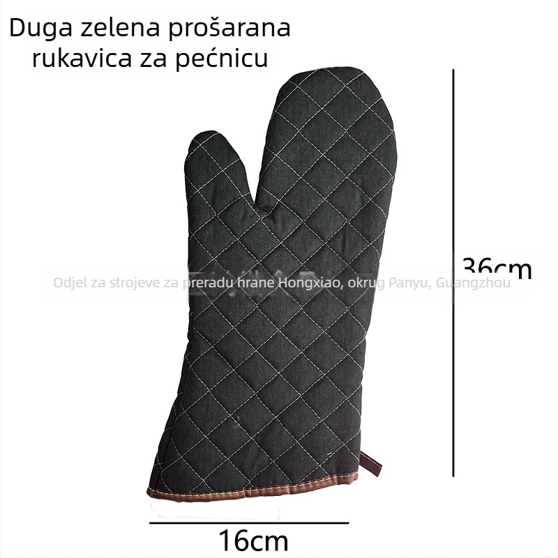 Pamukaste rukavice za pečenje s izolacijom od topline, s mrežom srebrne i zelene, gruba tkanina, crni i smeđi rubovi, dužine 22–36 cm.
