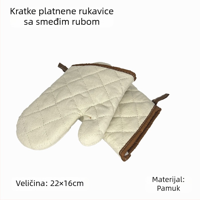 Pamukaste rukavice za pečenje s izolacijom od topline, s mrežom srebrne i zelene, gruba tkanina, crni i smeđi rubovi, dužine 22–36 cm.