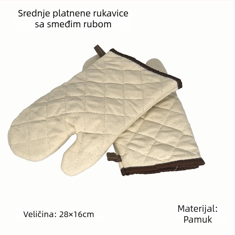 Pamukaste rukavice za pečenje s izolacijom od topline, s mrežom srebrne i zelene, gruba tkanina, crni i smeđi rubovi, dužine 22–36 cm.