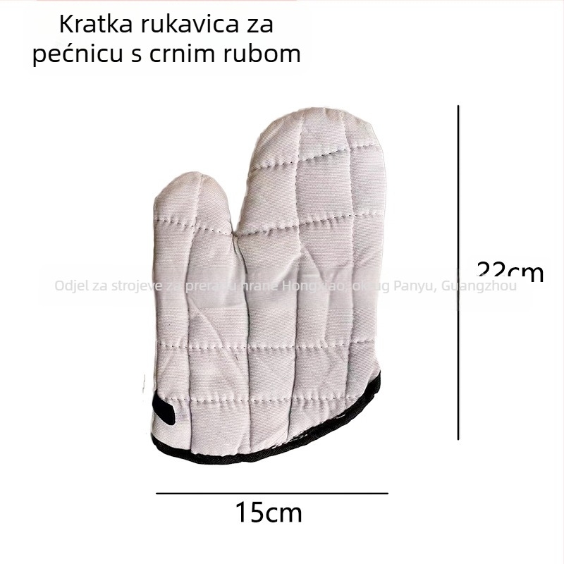Pamukaste rukavice za pečenje s izolacijom od topline, s mrežom srebrne i zelene, gruba tkanina, crni i smeđi rubovi, dužine 22–36 cm.