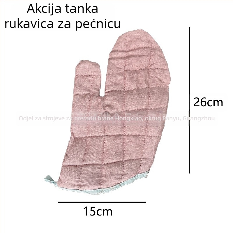 Pamukaste rukavice za pečenje s izolacijom od topline, s mrežom srebrne i zelene, gruba tkanina, crni i smeđi rubovi, dužine 22–36 cm.