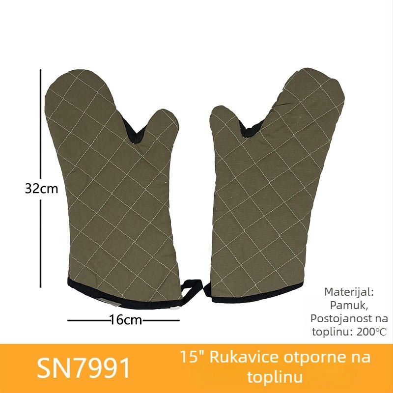 Pamukaste rukavice za pečenje s izolacijom od topline, s mrežom srebrne i zelene, gruba tkanina, crni i smeđi rubovi, dužine 22–36 cm.