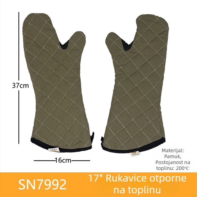 Pamukaste rukavice za pečenje s izolacijom od topline, s mrežom srebrne i zelene, gruba tkanina, crni i smeđi rubovi, dužine 22–36 cm.