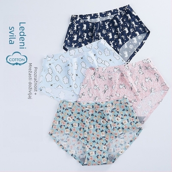 Ženske gaćice sa srednjim strukom, Ice Silk, cvjetni uzorak, prozračan, pamukasta podstava, lagani ljetni stil, Plus Size